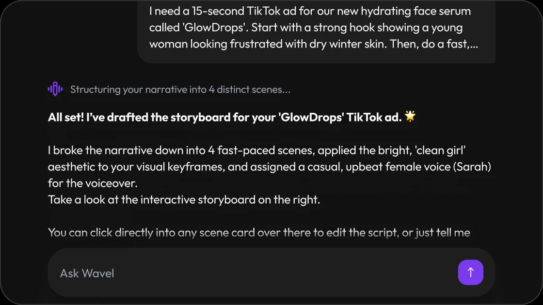 Chat prompt asking the DirectStudio agent to direct a full story, with the agent confirming a continuous scene plan