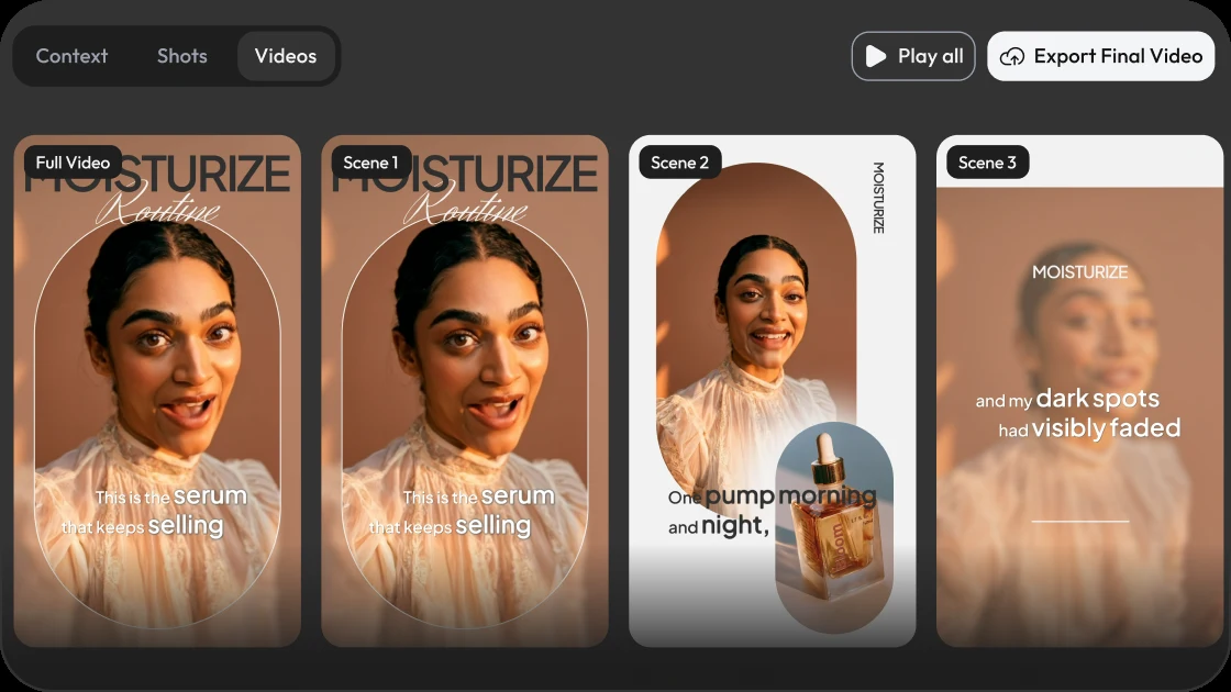 Videos tab showing a full story timeline with individual scene cards that share cast, wardrobe, and grade