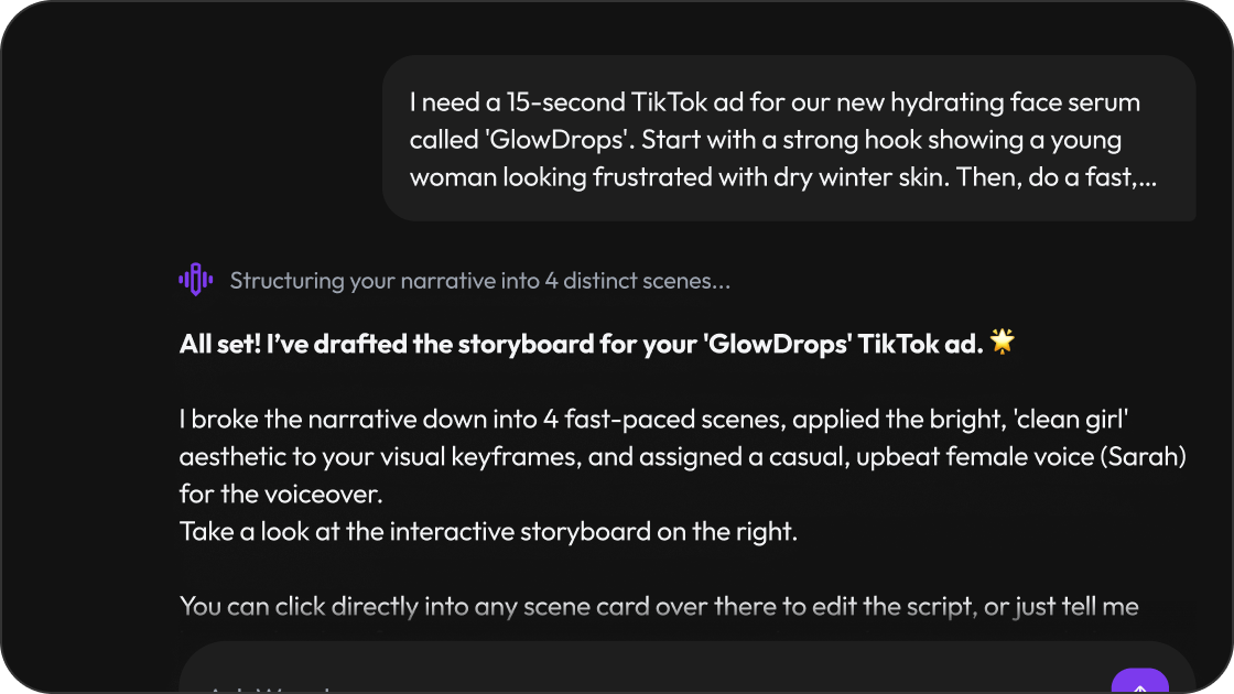 Chat prompt asking Direct Studio to storyboard a TikTok ad, with the AI confirming the draft